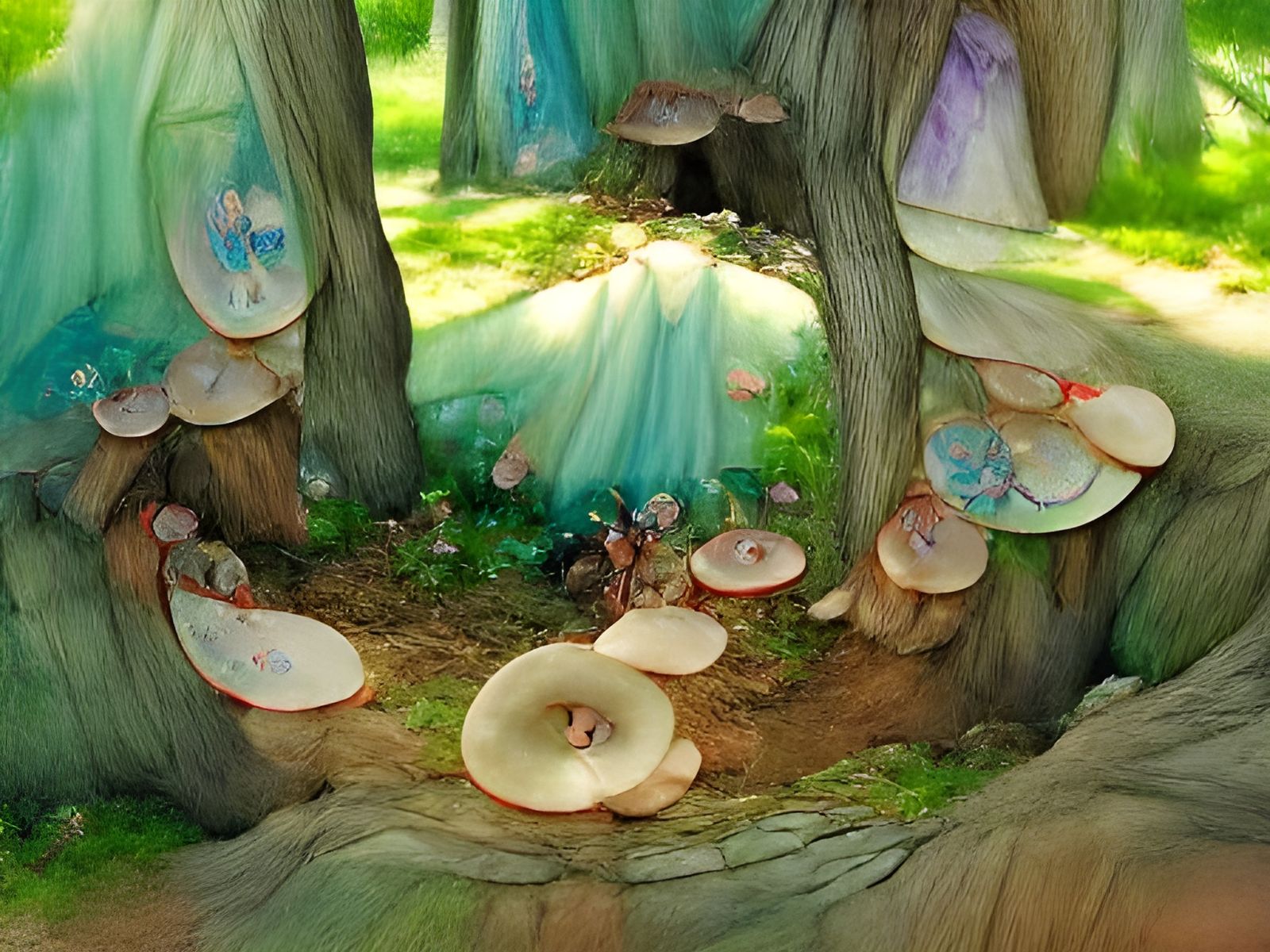 A magical fairy ring at the base of a tree AI Generated Artwork