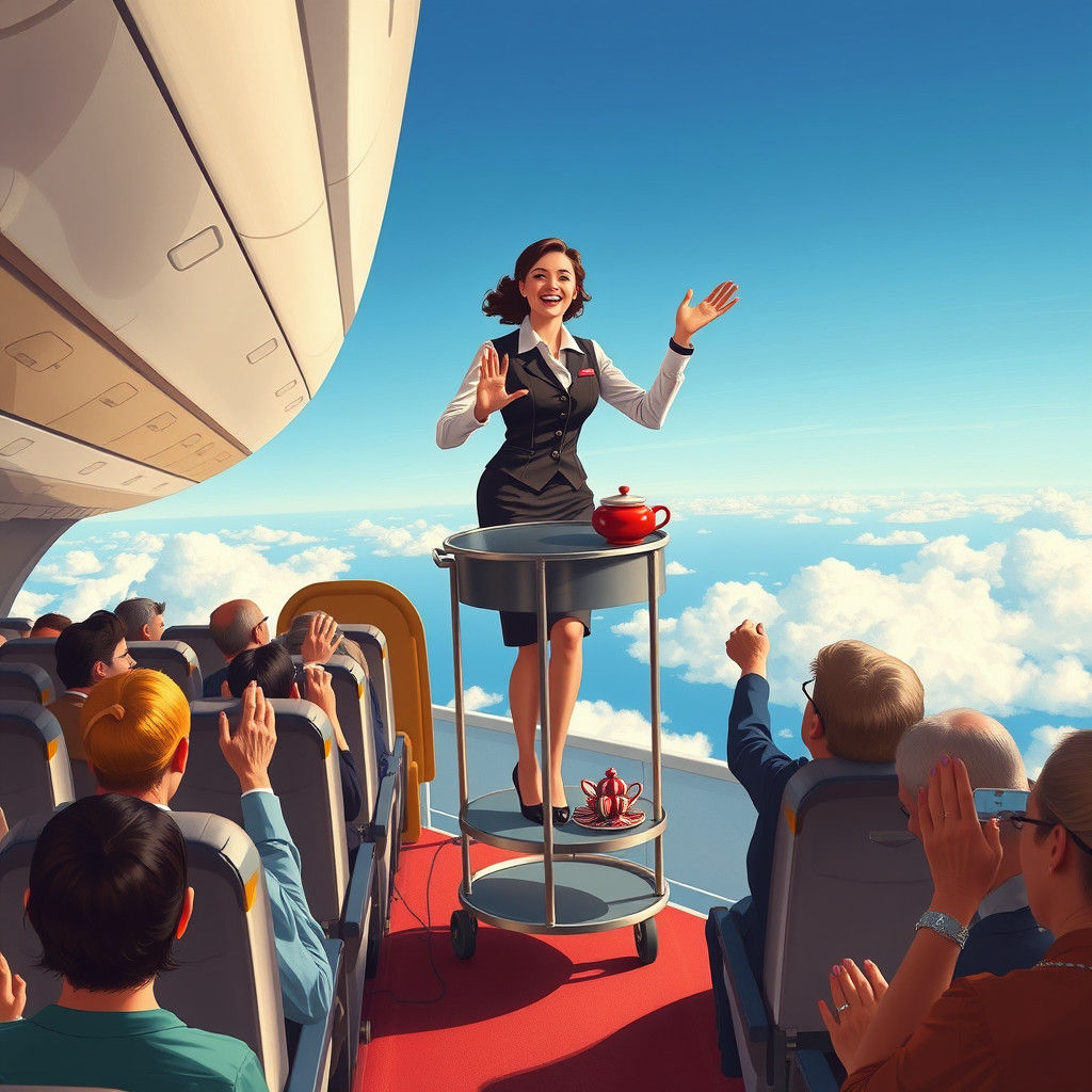Charismatic Flight Attendant Dancing on a Beverage Cart