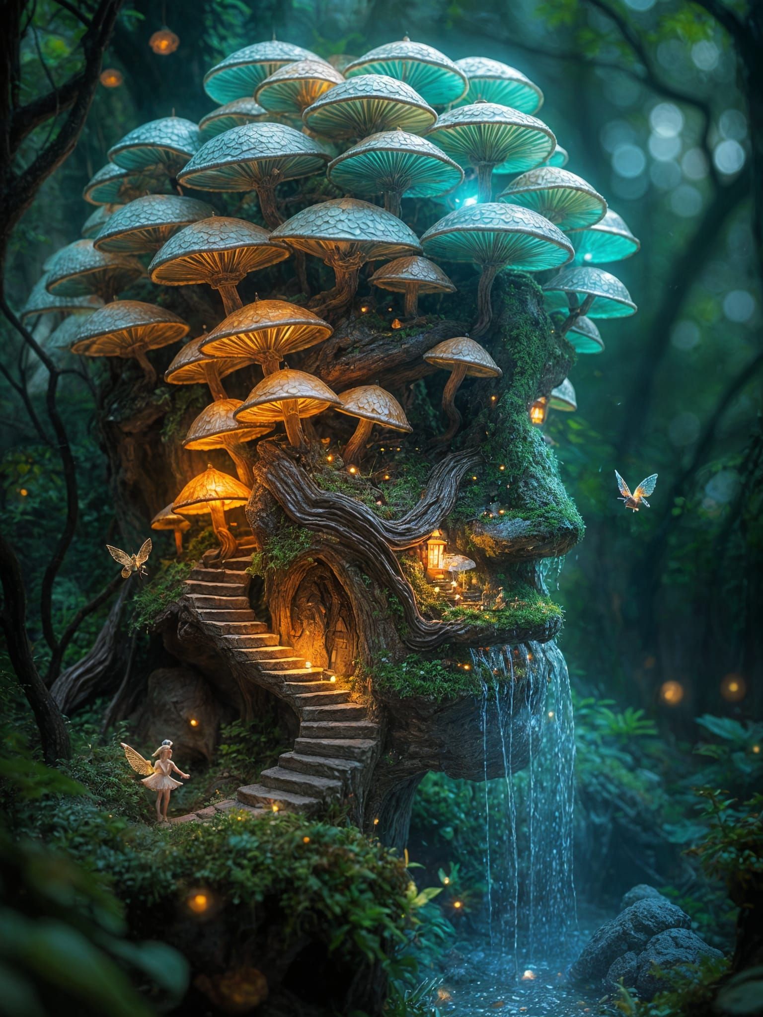 Magical fairy tale scene with a human face made of mushrooms, glowing plates, miniature stairs and detailed ...  by @Kh-nagsh