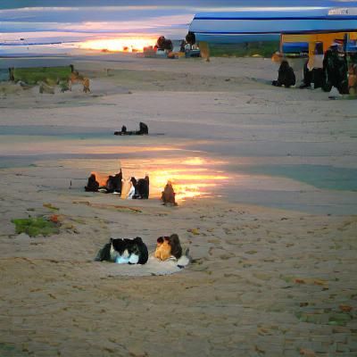 several cats sitting on a beach at sunset