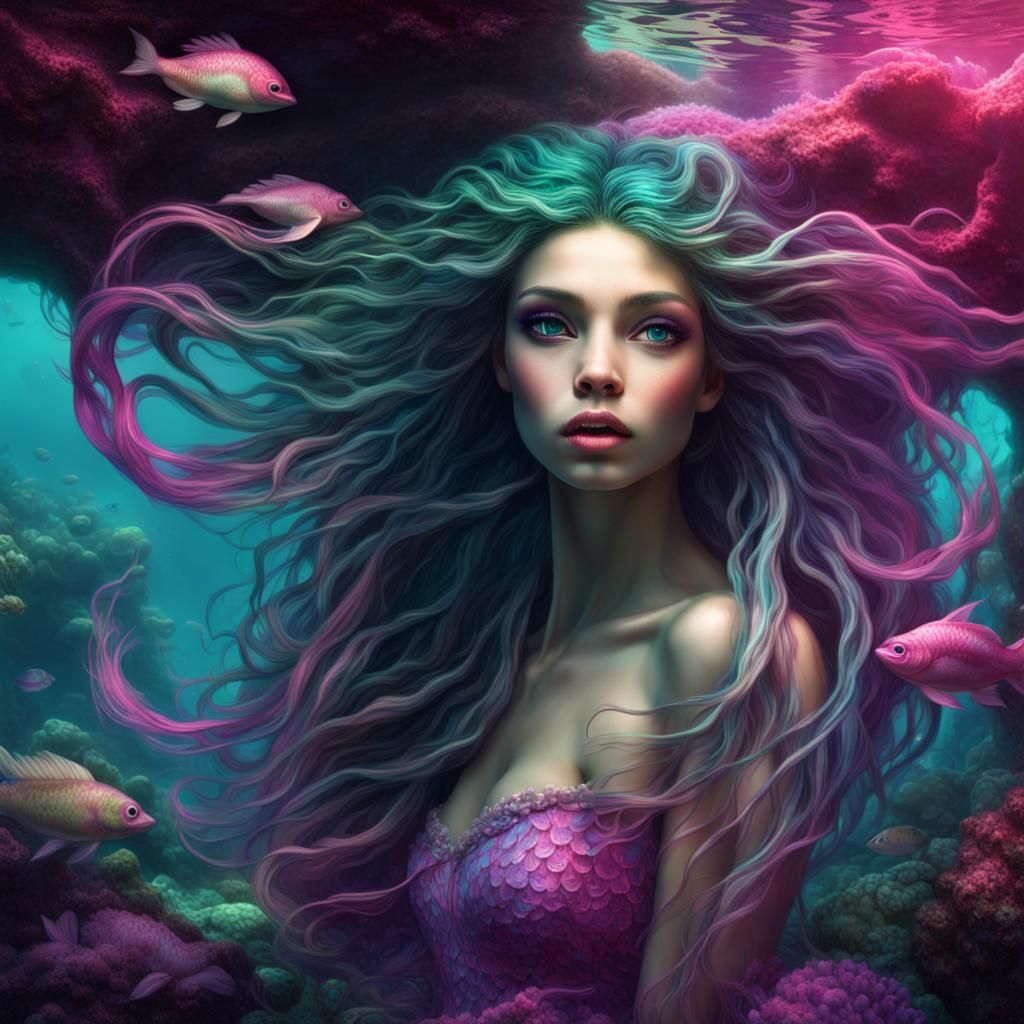 A whimsical mermaid long hair big holographic eyes shimmering with ...