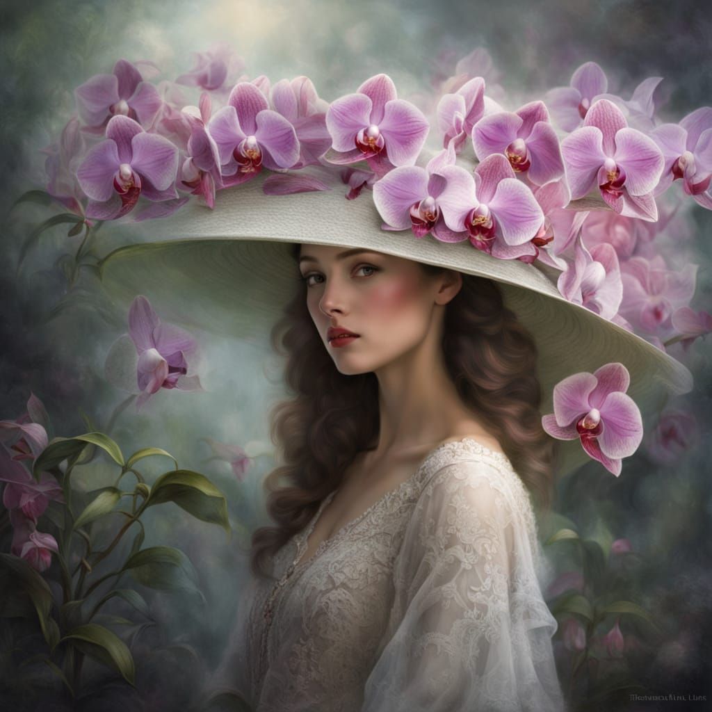 A graceful woman wearing a hat made entirely from a lush orchid bush. The flowers bloom vibrantly around her head, their delicate petals for...