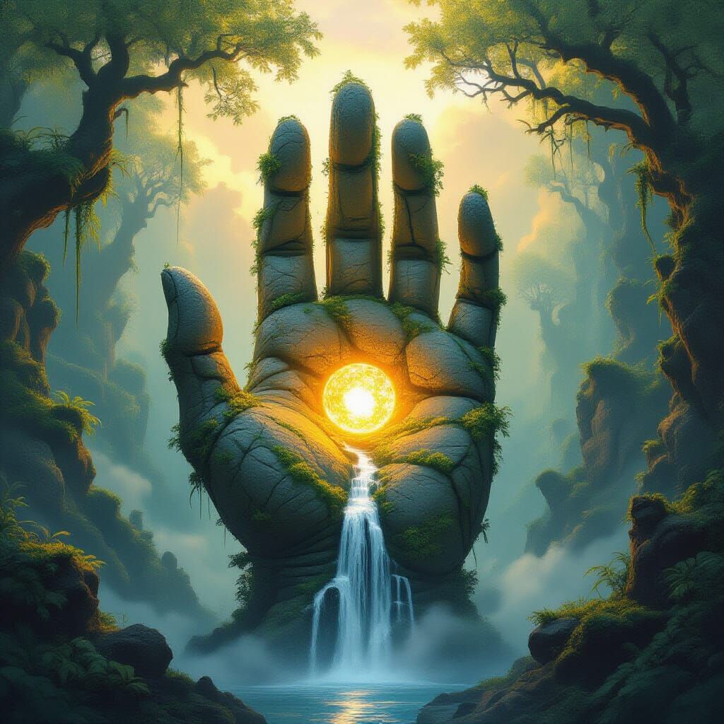 A colossal human hand sculpted from ancient stone, seamlessly fused into a lush, dreamlike forest landscape; the palm cradles a glowing mini...