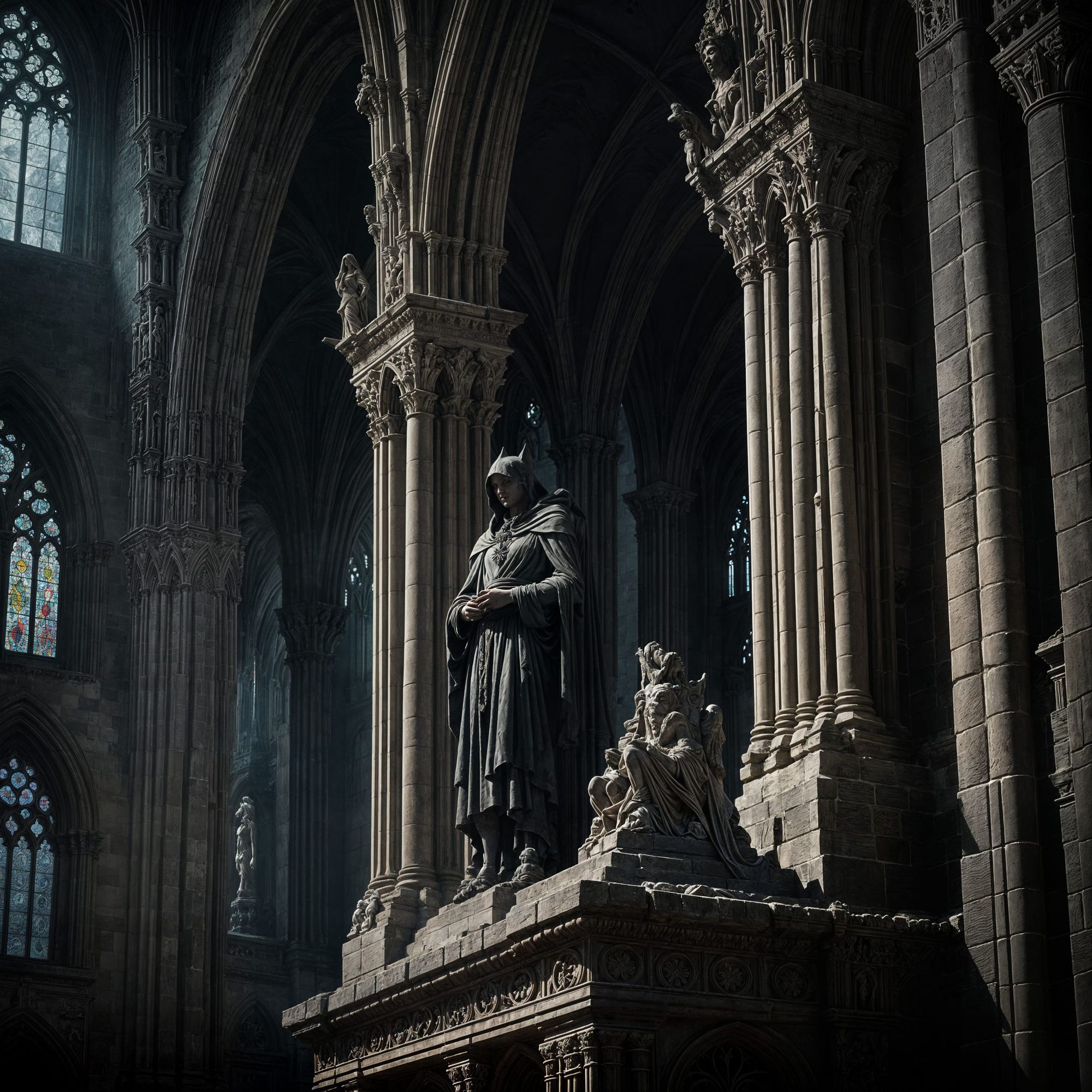 A solitary ethereal figure, cloaked in shadows and moonlight, stands at the precipice of a forgotten gothic cathedral. Intricate carvings of...