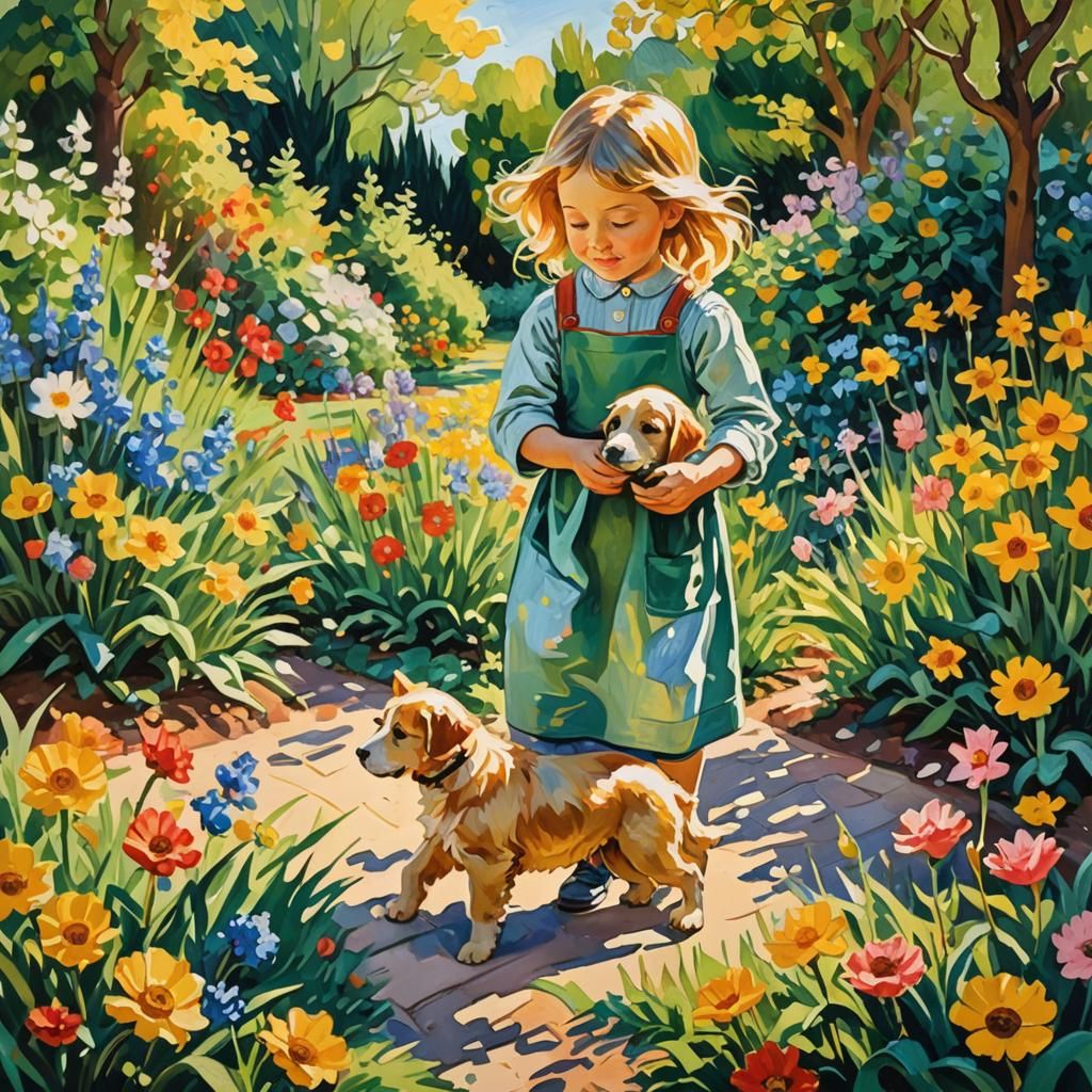Watercolour art impact little small girl in the garden playing happily with a puppy 