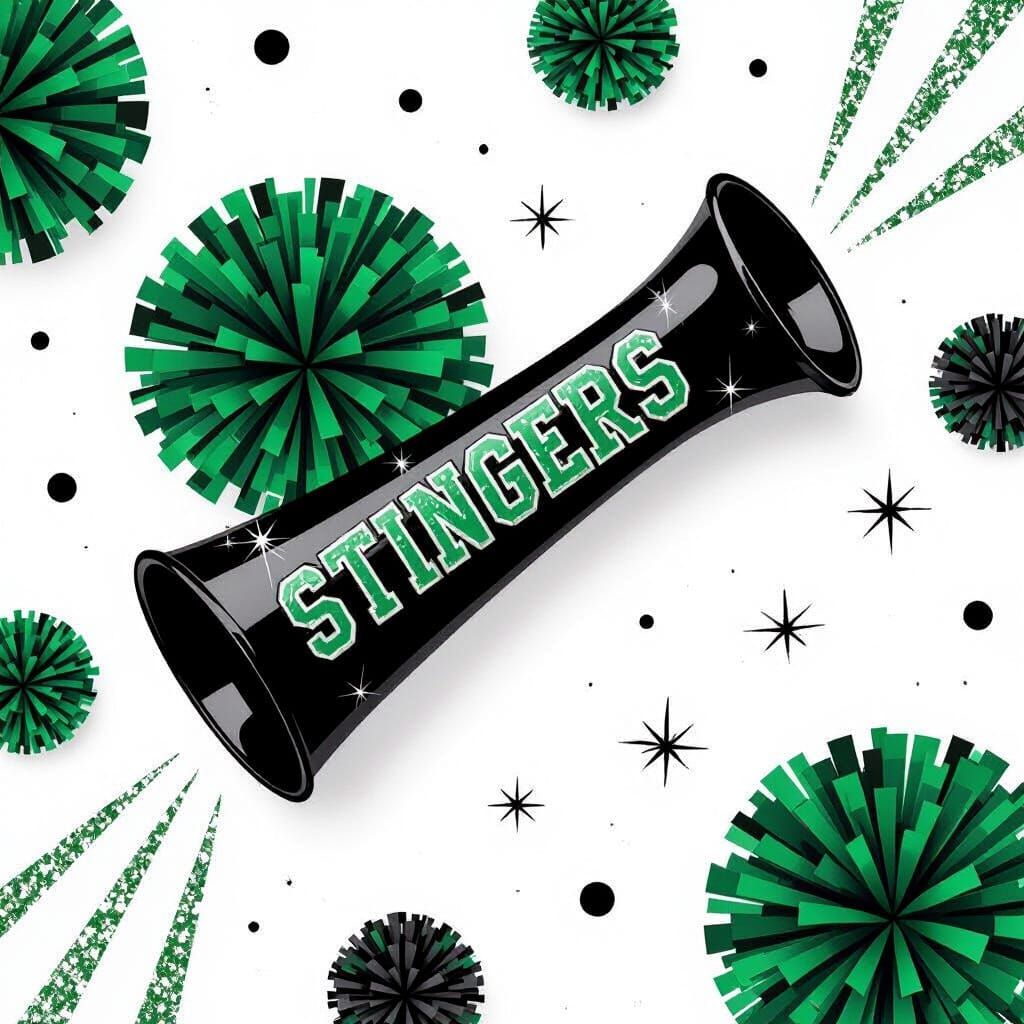 White background with green and black pompoms and a black with silver sparkles on the top and two lines of sparkles heading to the back on a...