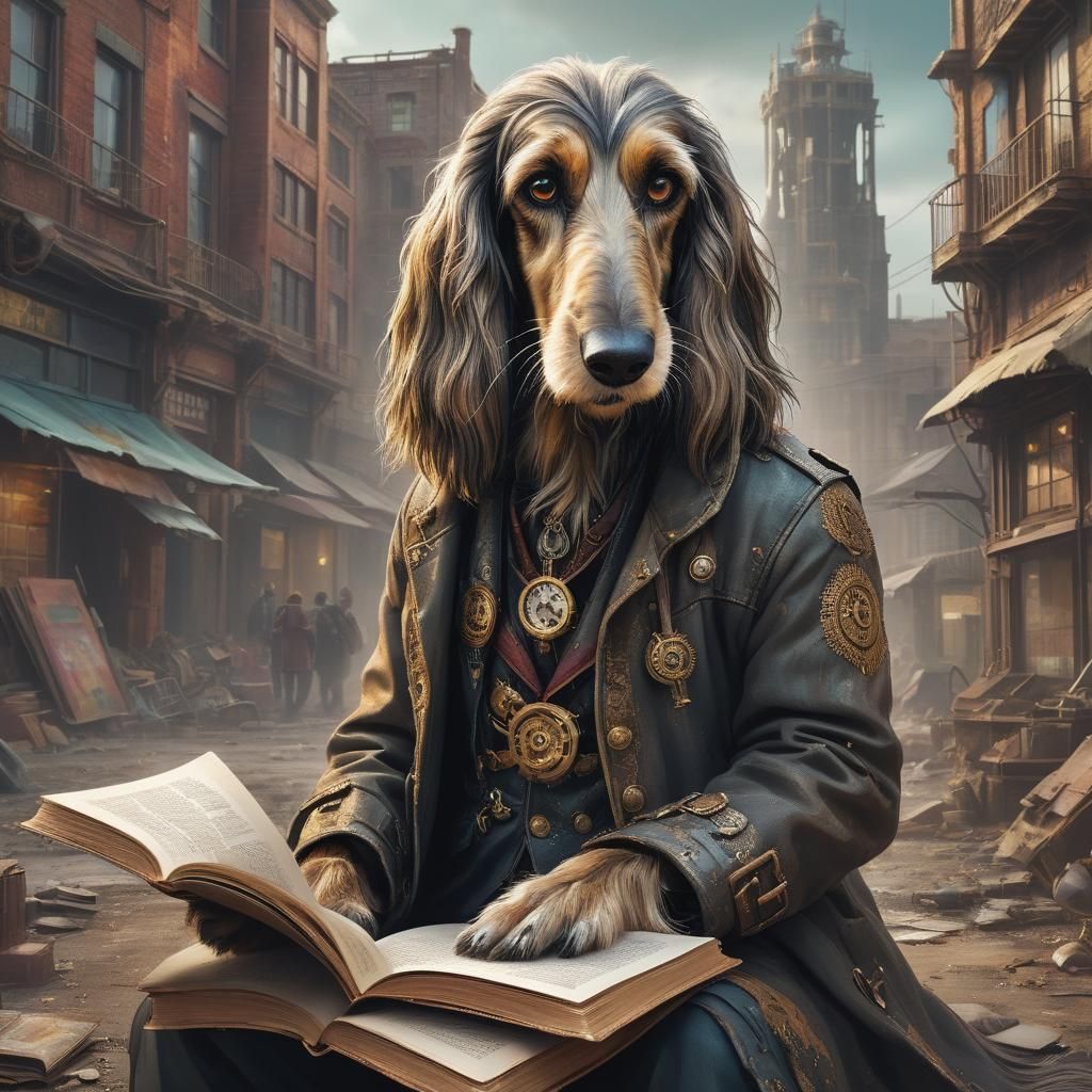 Lost Steampunk Afghan Hound reading book in apocalyptic city