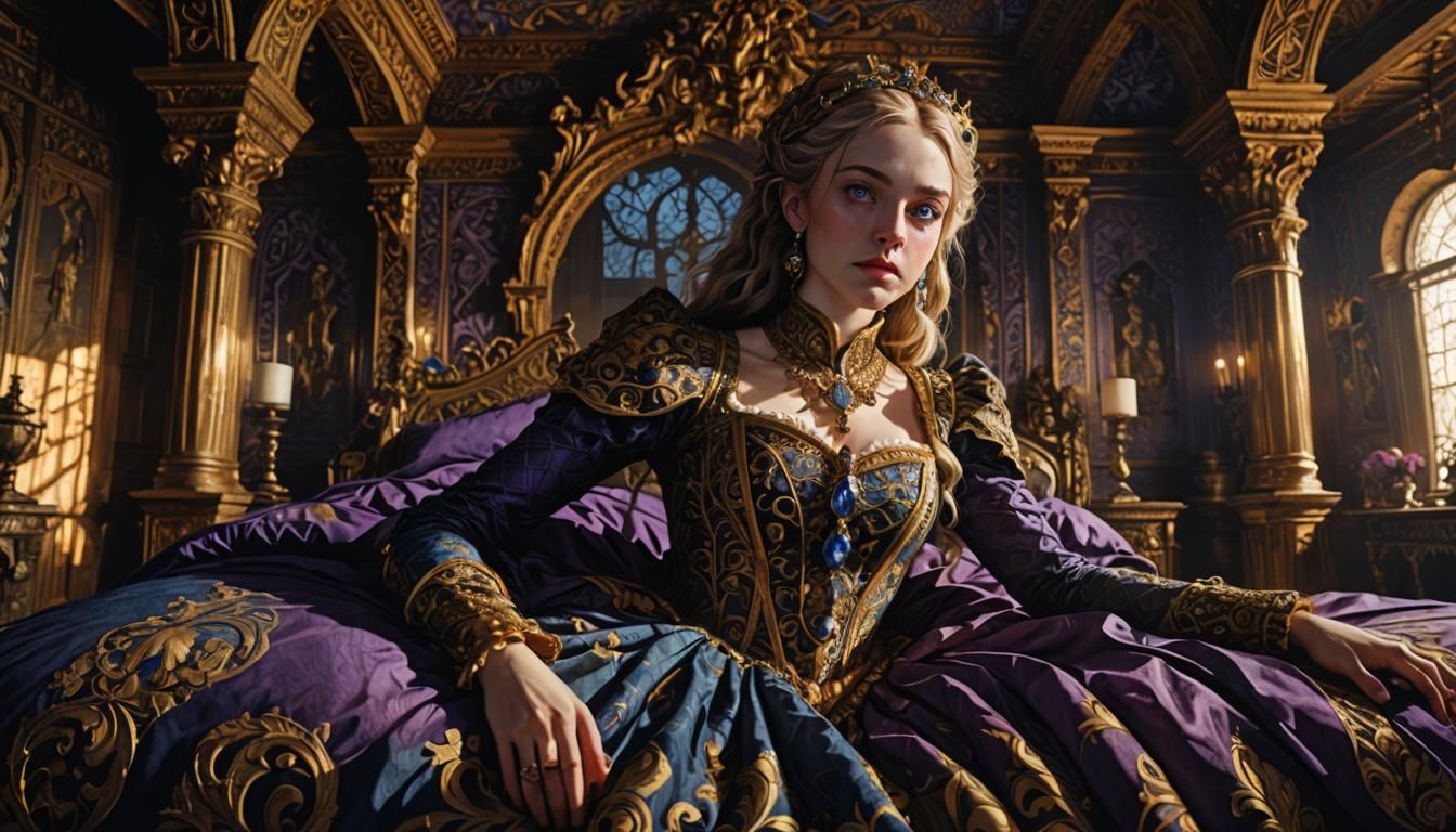 a blue-eyed girl lies on a rich bed in a mansion, 16th centu...