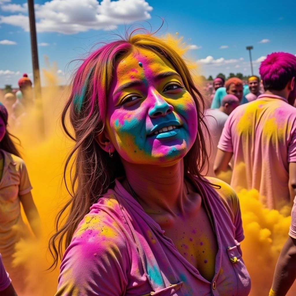 <lora:Holi for Flux:1.0> A portrait of Janet in Holi