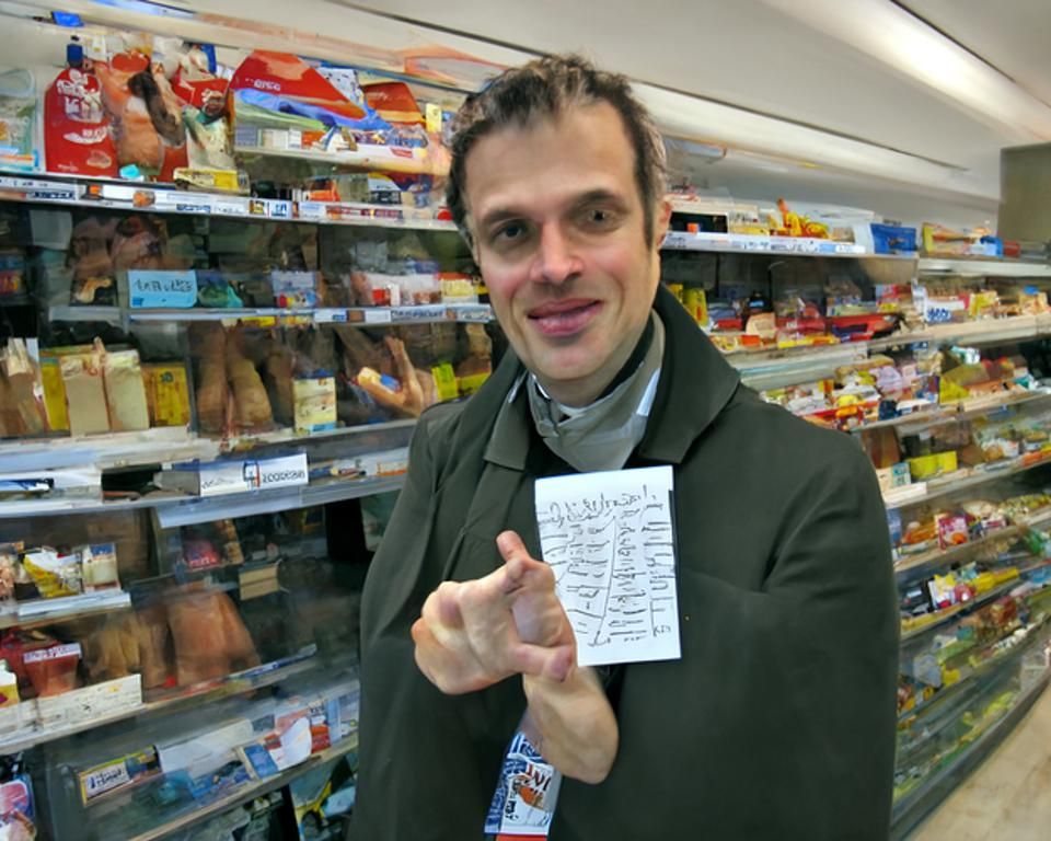 A man named Matthew pointing at his shopping list in a super...