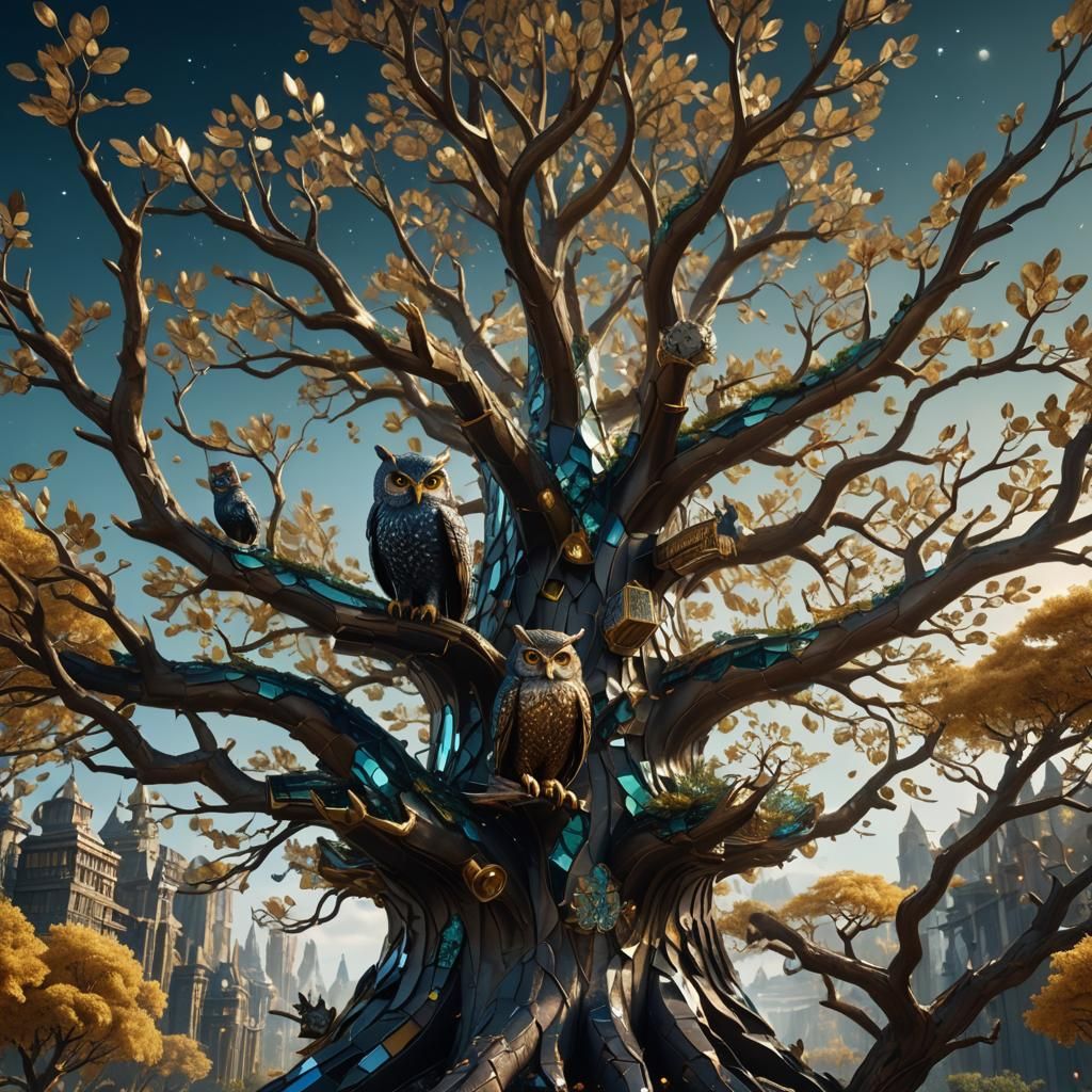 Glass Diamond Tree with Golden Owls, Digital Art