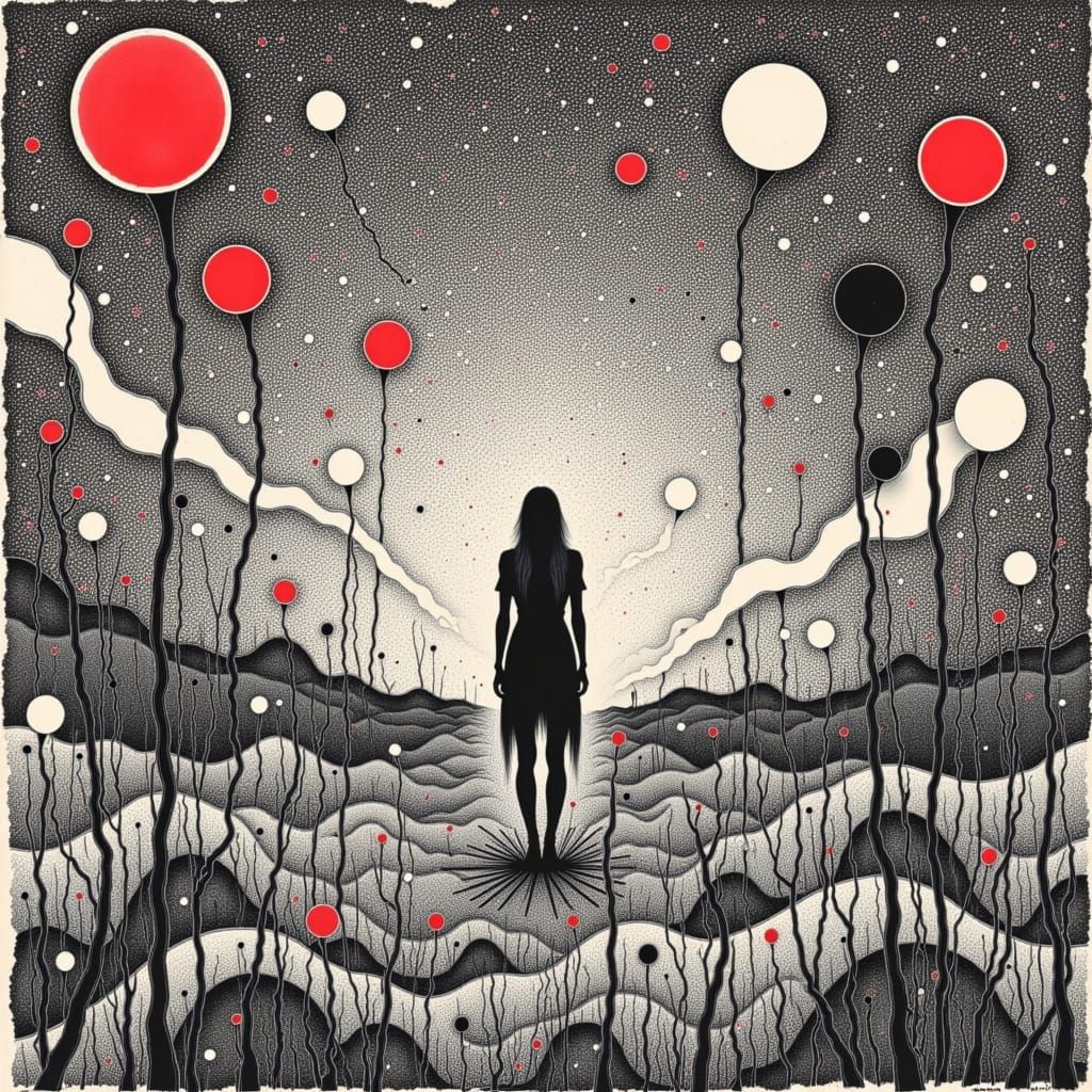 <lora:TriXy3:1.0> Banksy Oil painting in red black and white  haunting, exploration of identity