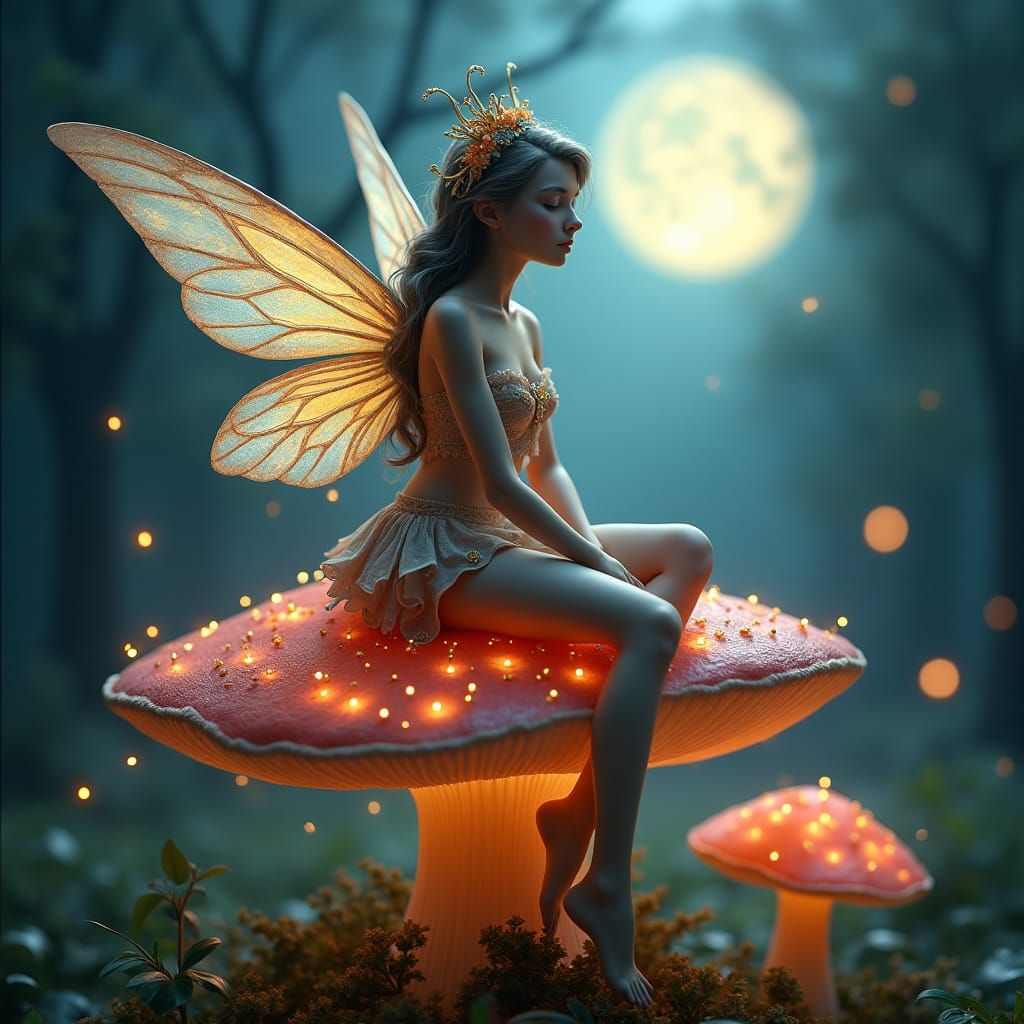 A fairy sitting on a mushroom with the full moon in the background in a t-shirt design style  by @undefined