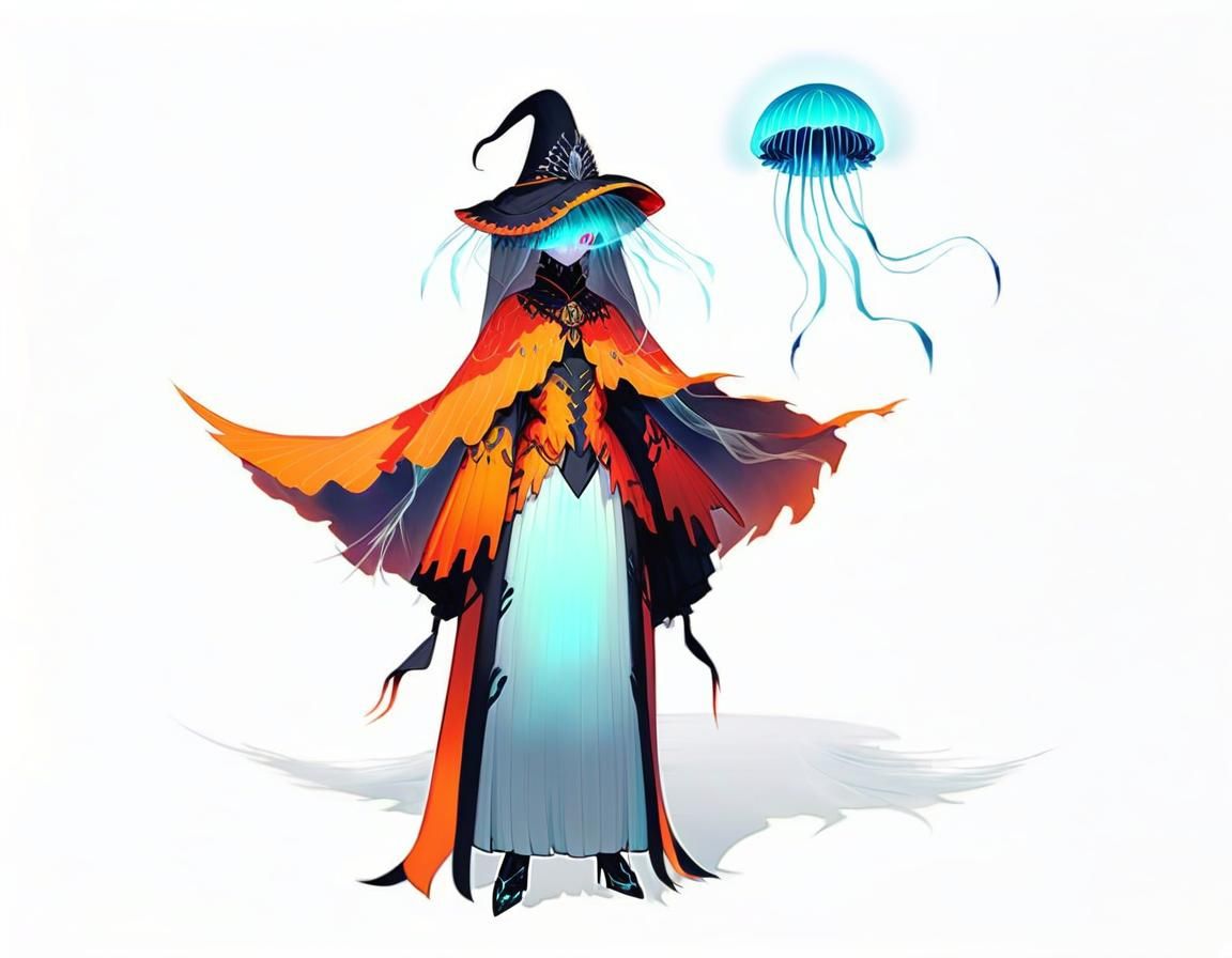 veiled hat+Face hidden and glowing eyes(jellyfish based char...