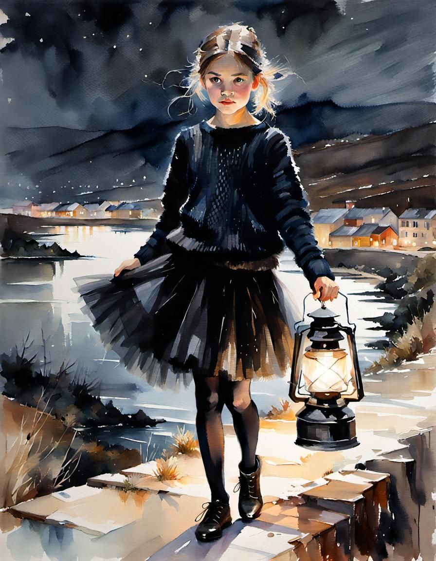 Watercolor painting of girl holding a hand-held lantern while sneaking away from a town   by @Fokje
