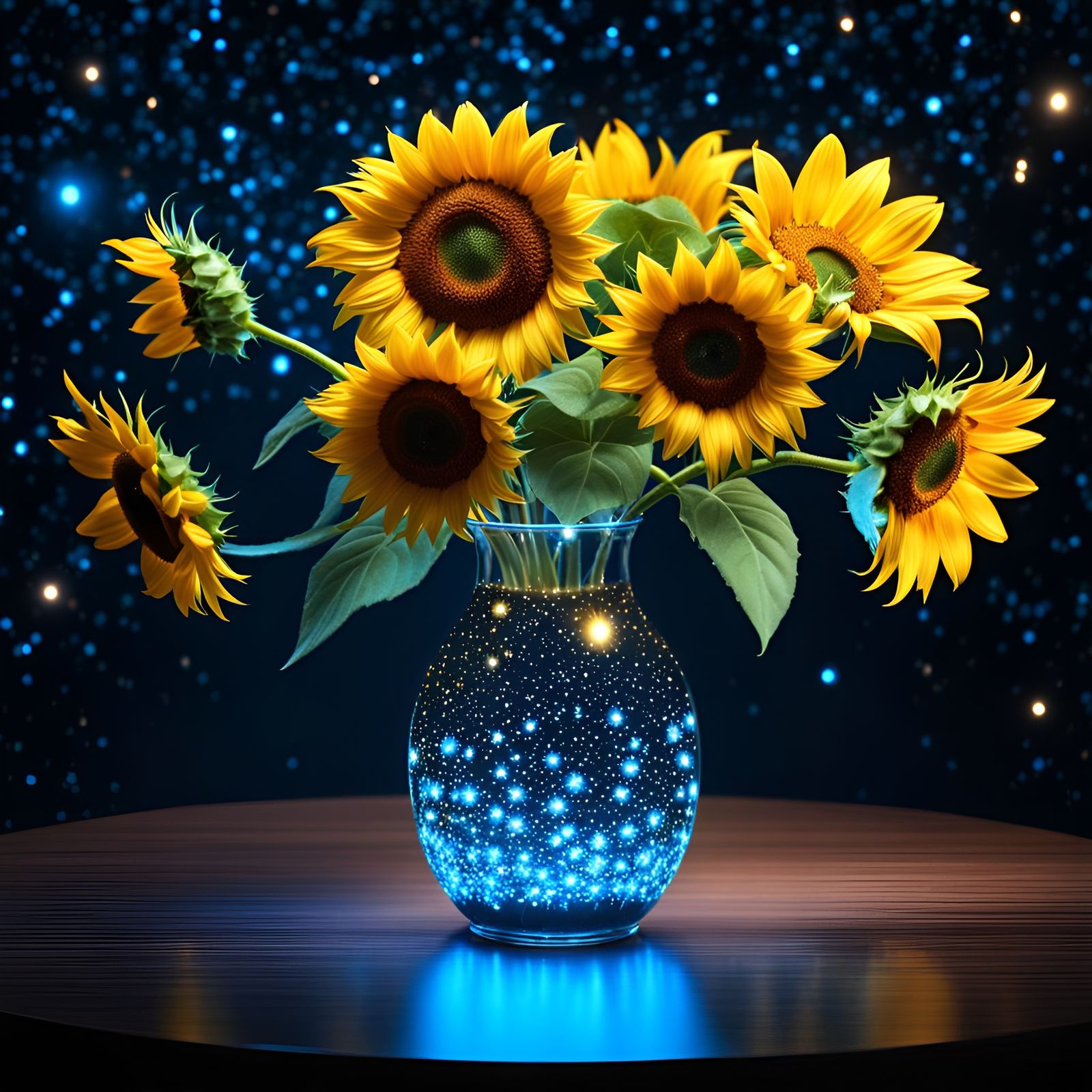 Lighted fireflies scattered on the table, In the middle of a starlit sky, a bioluminescent glass vase ...  by @Vey Telmo