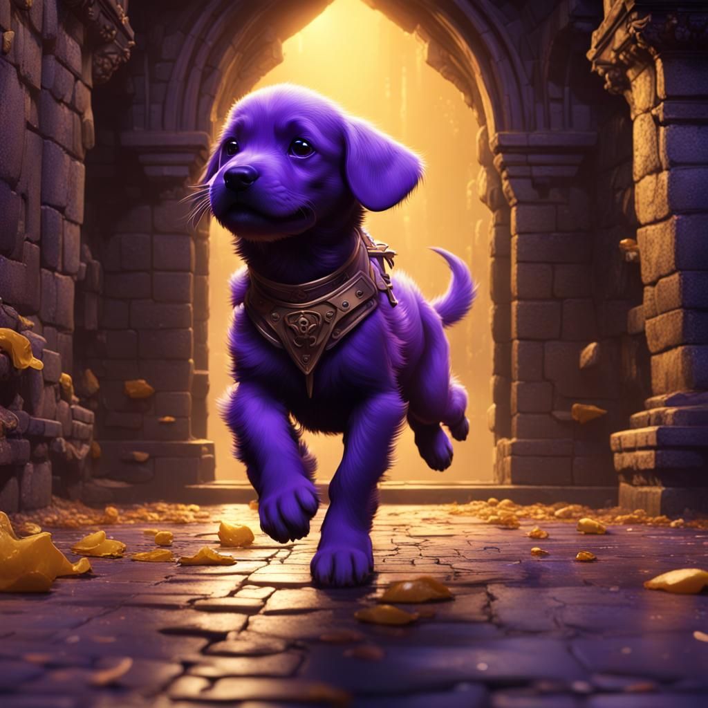 a puppy running into a castle
