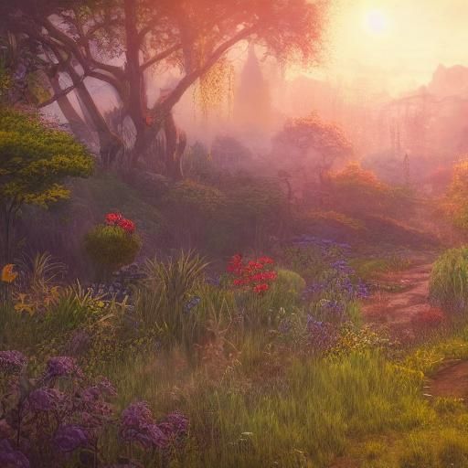 rural garden in golden hour