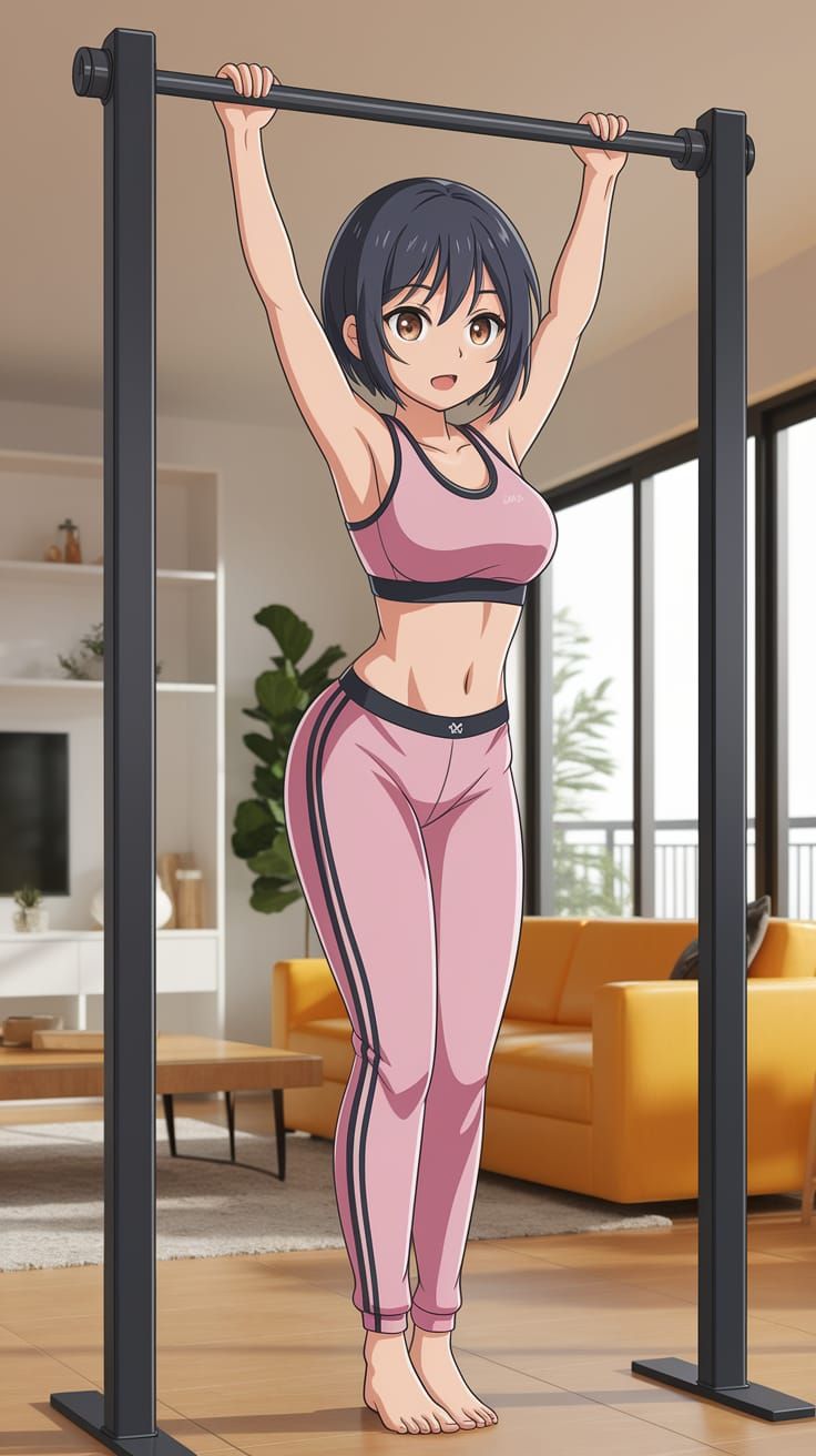 Anime Woman in Sakura Outfit Doing Pull-Up