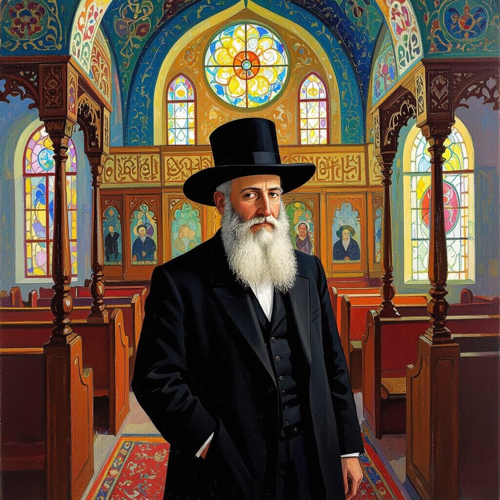 Rabbi in Synagogue, in Style of Chagall