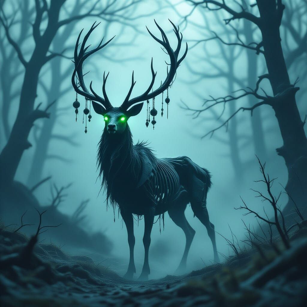 A towering skeletal deer cloaked in swirling shadow mist roams a cursed, dead forest. 2