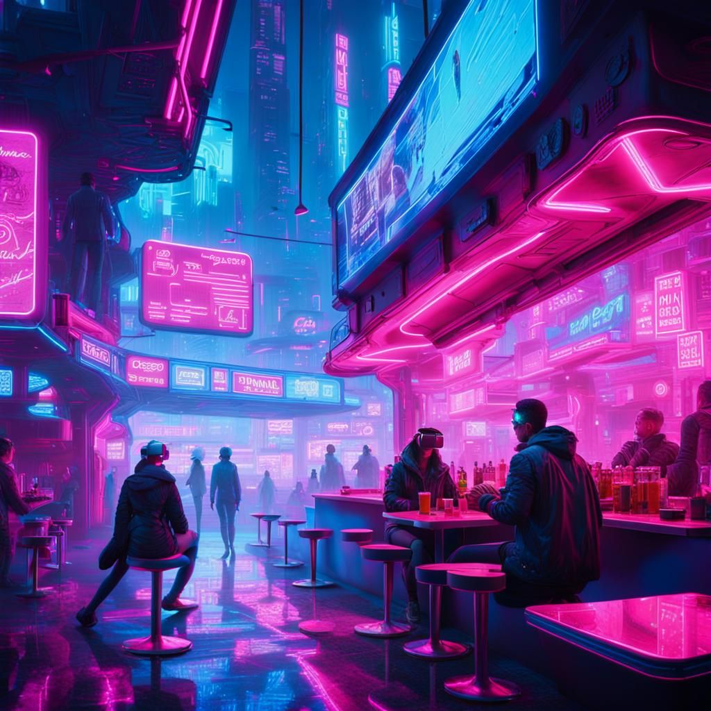 A futuristic coffee shop in a cyberpunk hangout frequented b...