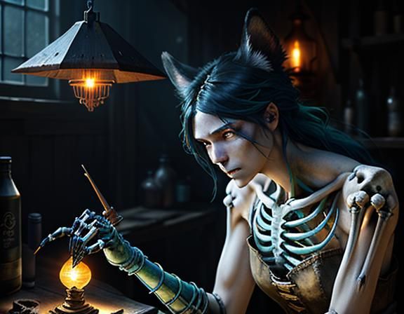 a female furry skeleton repairing a femur at a workbench. a ...