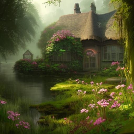 High Cottagecore cottage surrounded by flowers and lush dens...