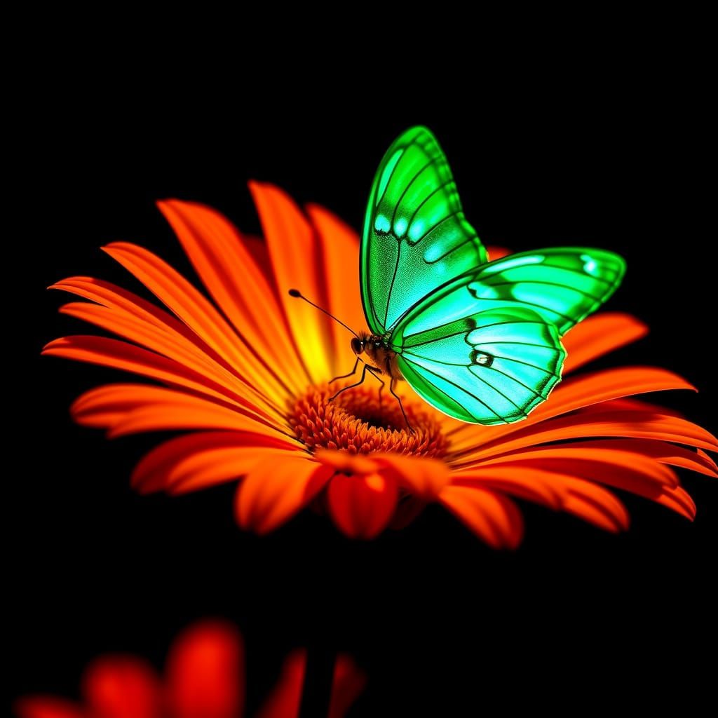 Main Subject: Macro photograph of a vibrant neon orange daisy flower with a bold neon green butterfly ...  by @CyberneticBionic