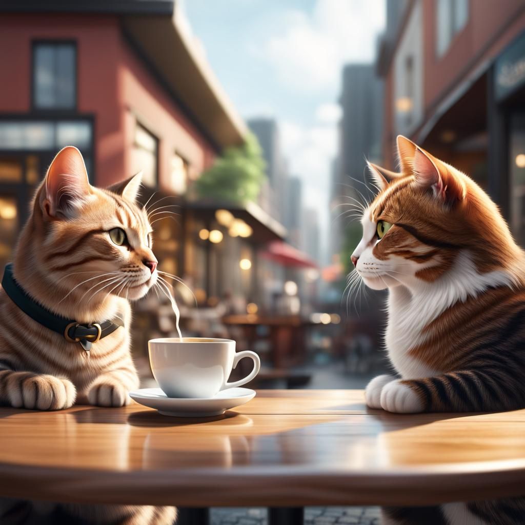 Kitty Cat talking to other kitty cat drink coffee on cafe ba...