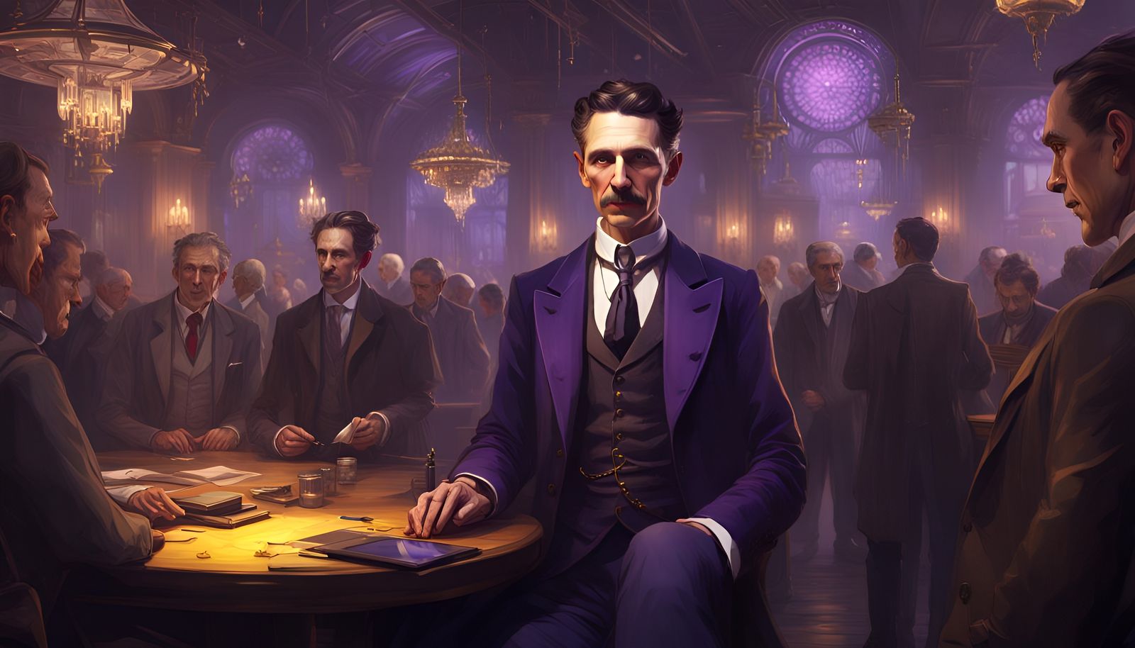 nikola tesla wearing a suit and talking to people. a masterp...