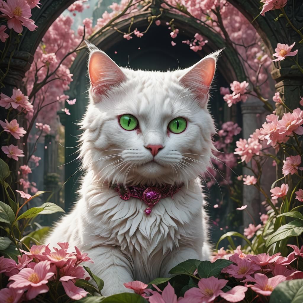 White cat with pink skin and green eyes