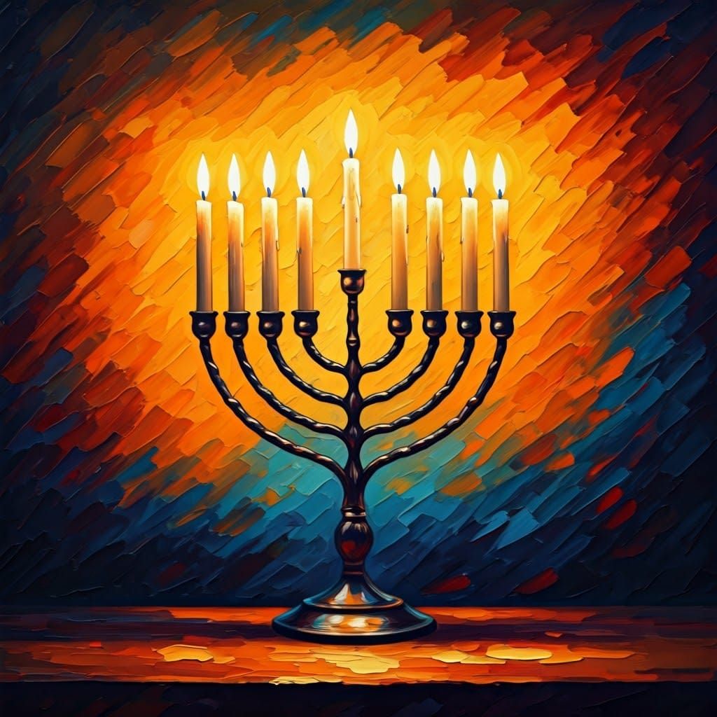 Illuminated Jewish Menorah as Neo-Impressionist Oil Painting