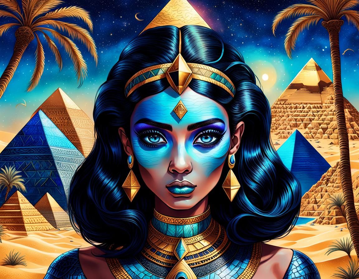 queen of egypt with big black eyes and blue makeup, black ha...