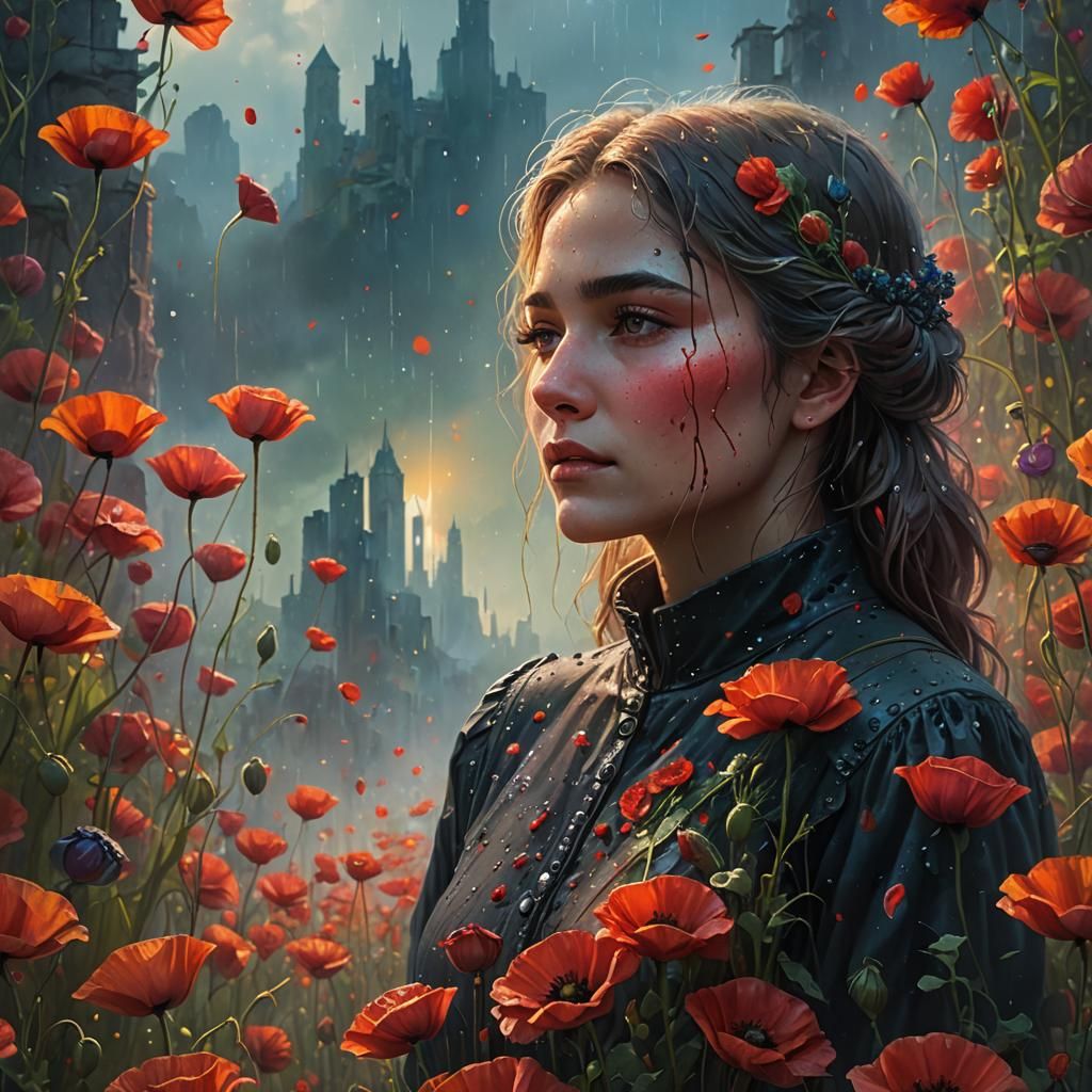 Woman in Poppy Field Holding Dewy Rose