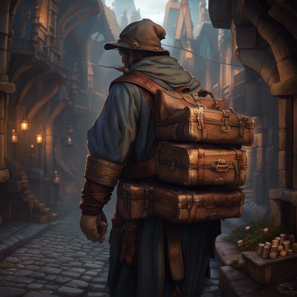 A traveling merchant with a large backpack - AI Generated Artwork ...