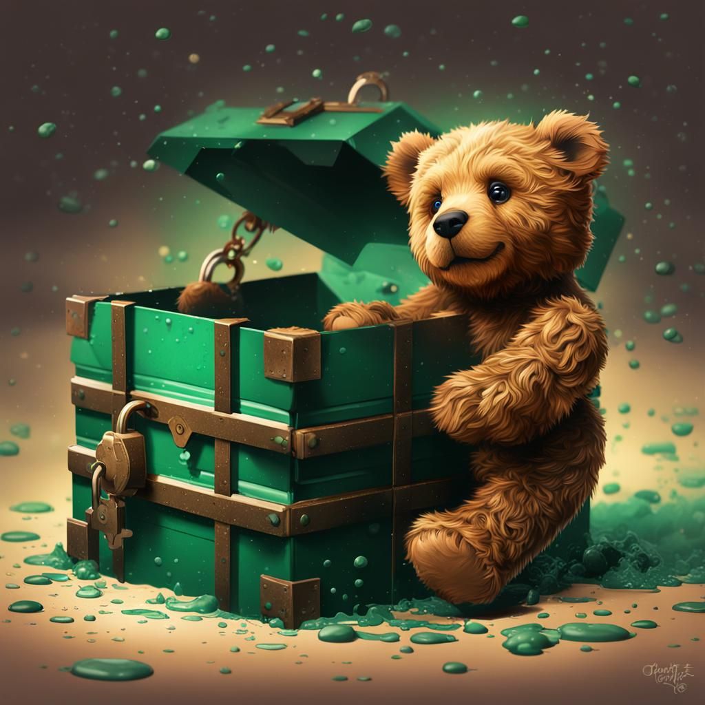 Cute brown teddy bear that has been freed from a dark green ...