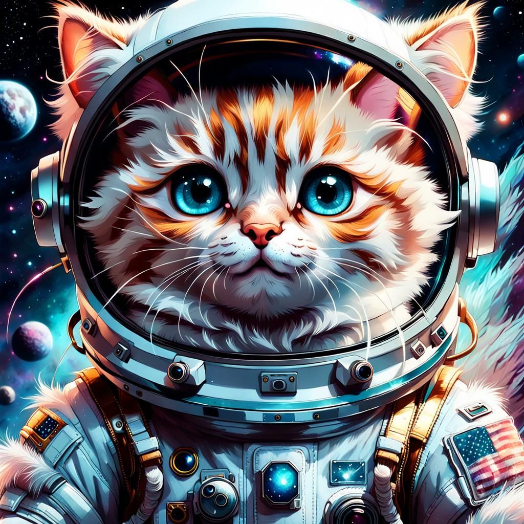 Cartoon Cat Astronaut in Space, Digital Art