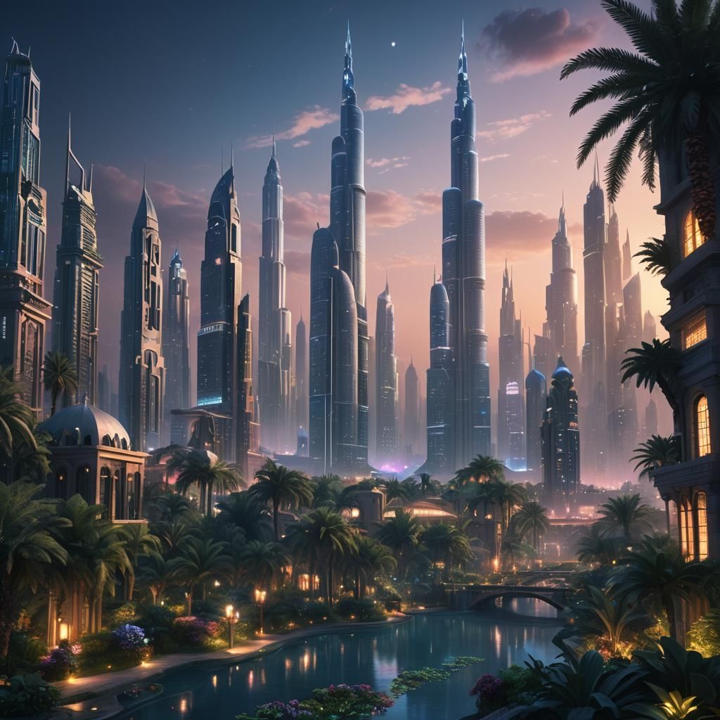 Surreal Dubai Cityscape with Neon Reflections