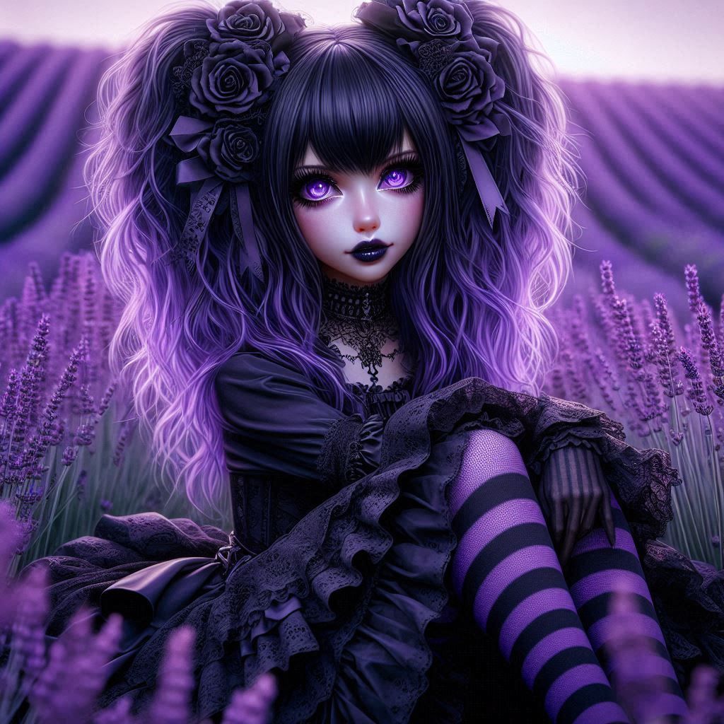 A gothic girl in a lavender field