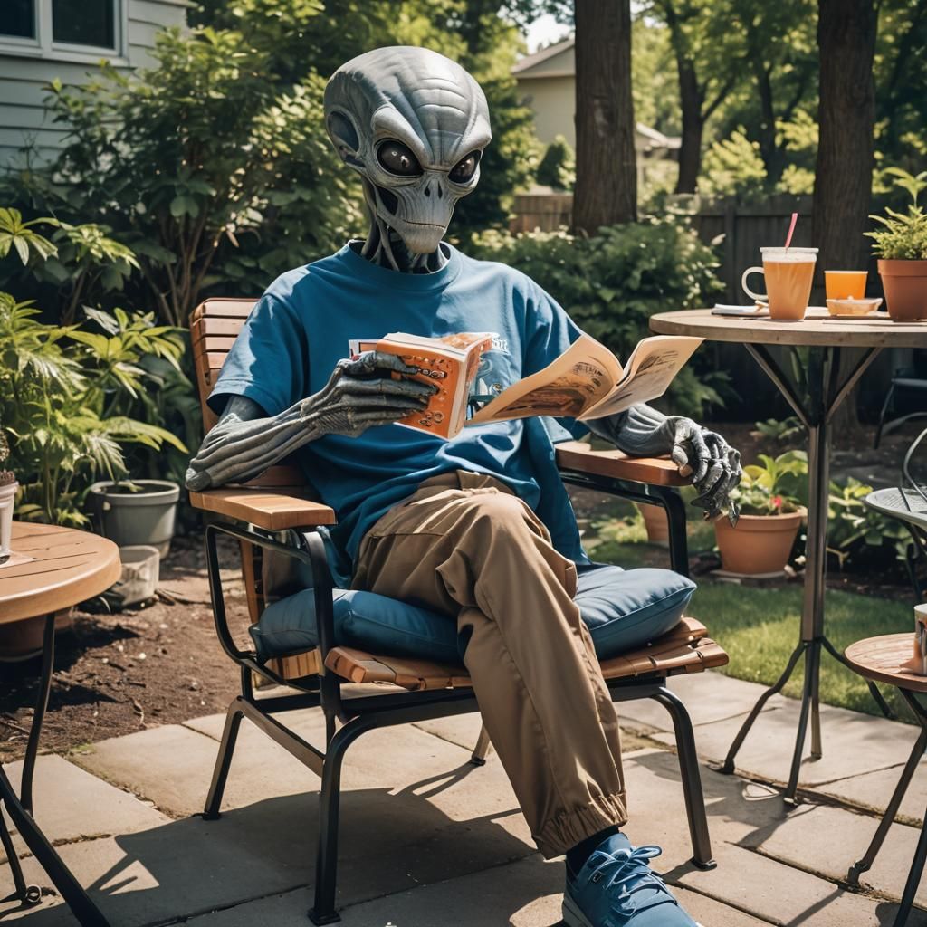 A head-to-toe grey alien sits on a patio chair in his backyard ...