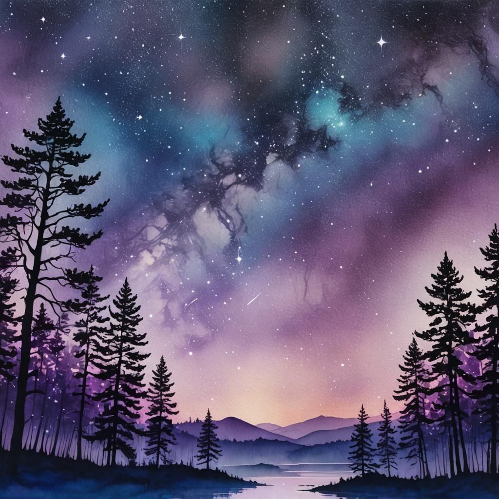 Nebulous Starry Sky and Forest in Ink Art Style
