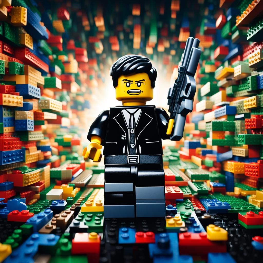 brinquedo lego com o tema Neo do filme Matrix segurando arma...
