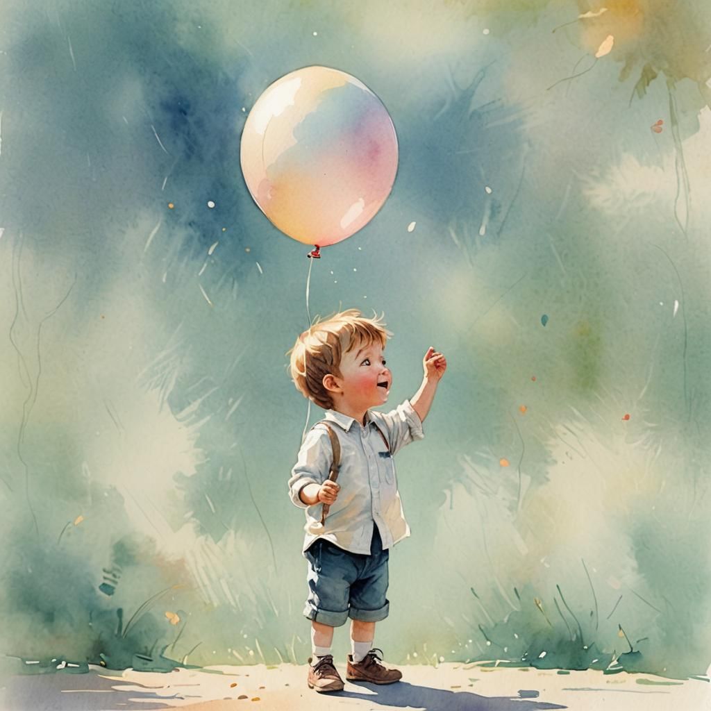 Boy with Balloon: Whimsical Children's Illustration