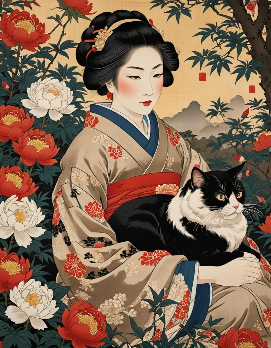 Asian Woman, Cat, Peonies  by @Melanie Rhoades 
