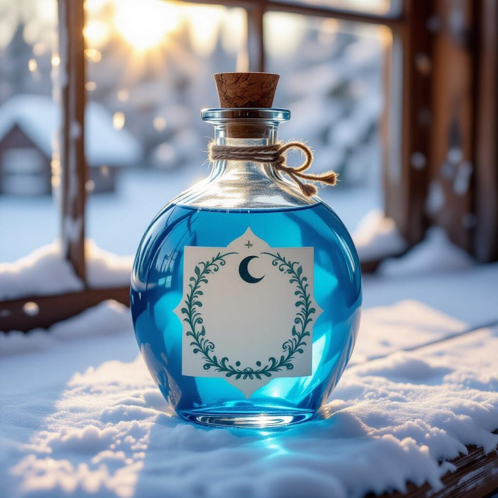 A bottle of potion of a crisp sunny winter morning complete with a whimsical label and a waxed cork