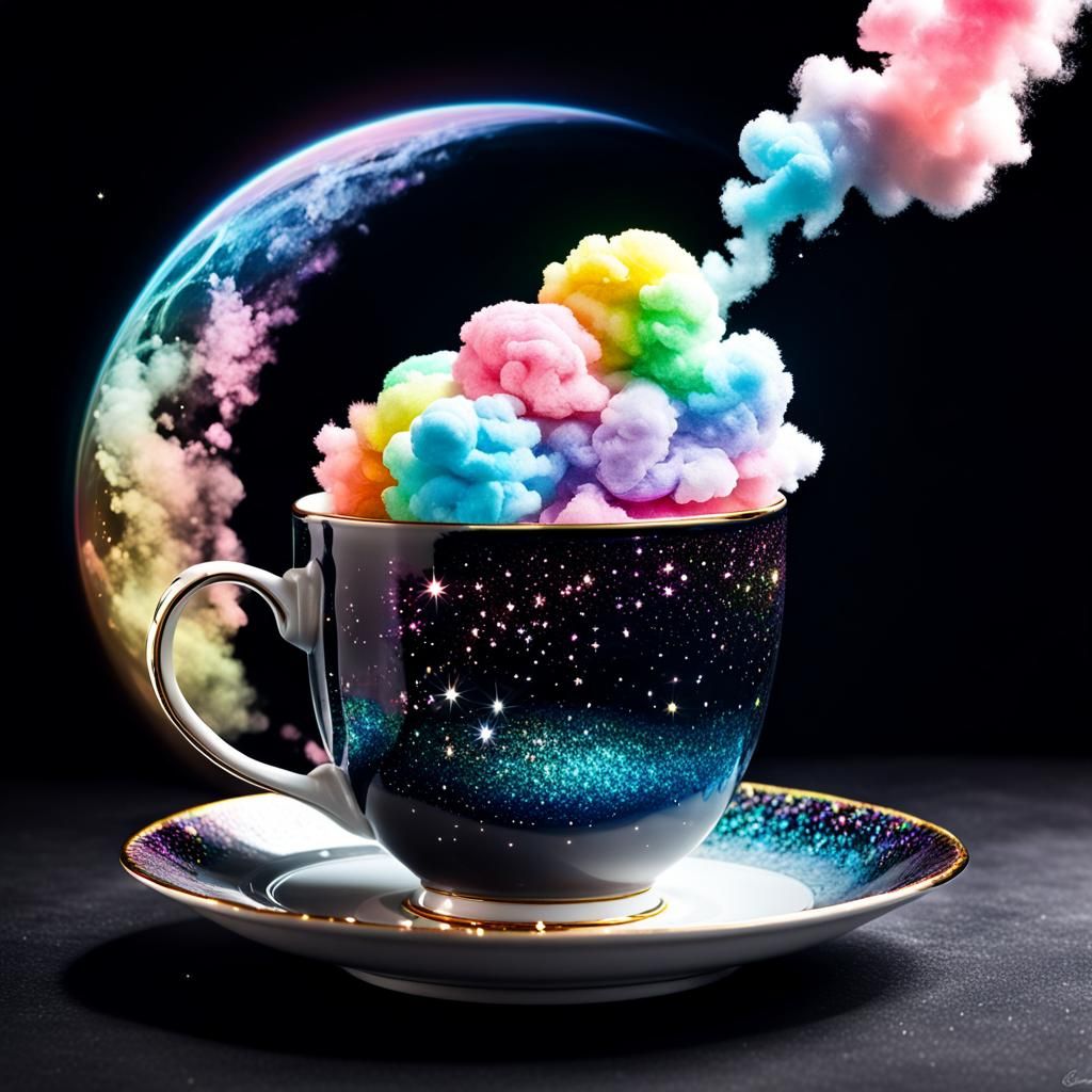 Rainbow, Glitter cotton candy moon inside a tea cup 