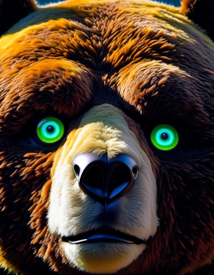 "Close-up Microphotograph: Towering obese Bear (Lamp Eyes)- Large glowing eyes, with UV Blacklight fur Confident Fuzzy: Big full-body obese...