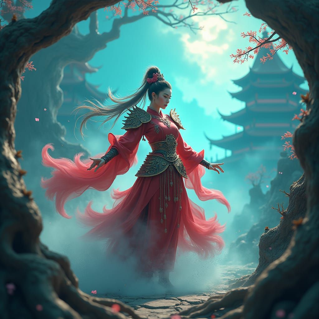 Mystical Chinese Warrior in Dreamlike Landscape