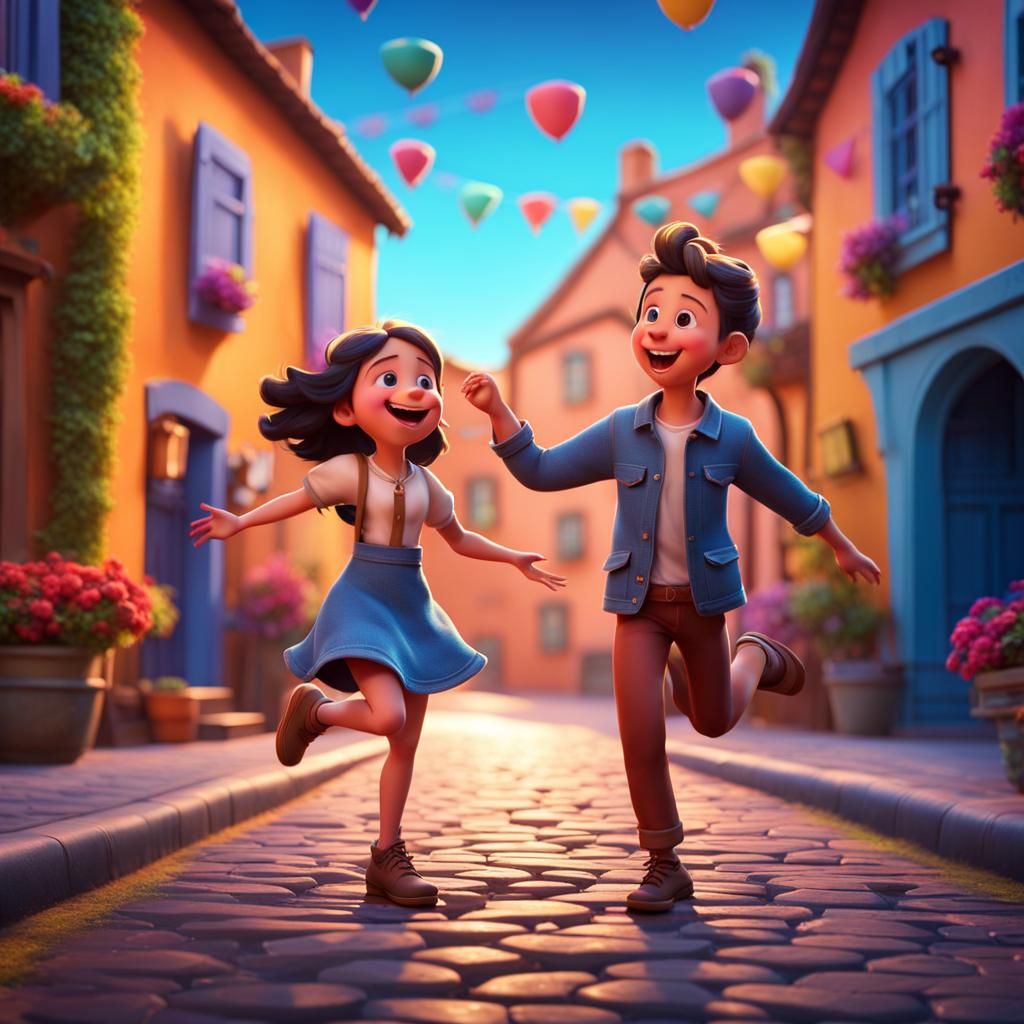 A happy girl and a happy boy dancing on a beautiful village ...